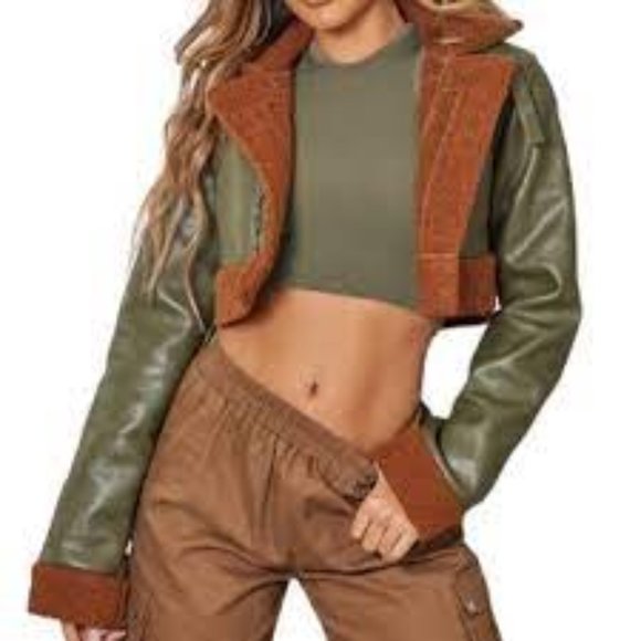 NWT PRETTYLITTLETHING BORG LINED FAUX LEATHER CROPPED AVIATOR. SZ 0 - Picture 2 of 3